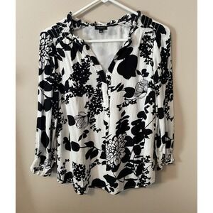 Talbot Women's Black and White Floral Top with Ruffled Neck/Sleeves Lined Sz Sm